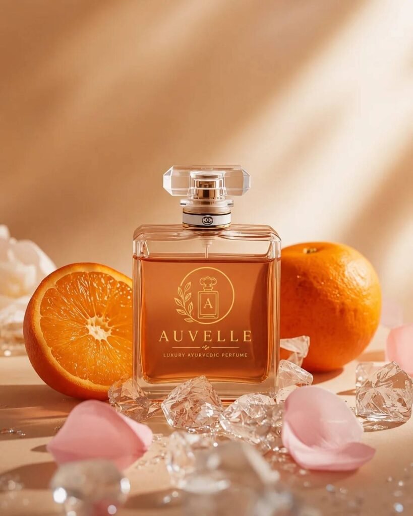 AUVELLE Glow Ayurvedic luxury perfume bottle with long-lasting floral fragrance